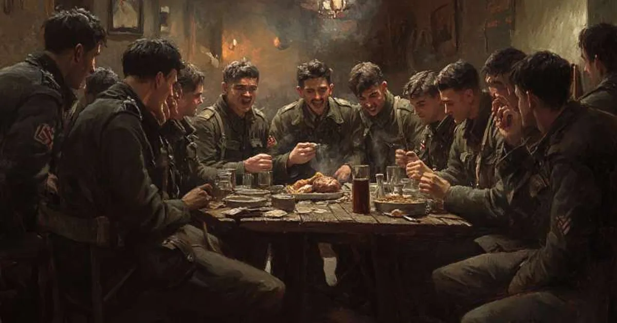 soldiers gathered around a wooden table laughing and sharing a meal in a dimly lit room symbolizing fleeting camaraderie amid war