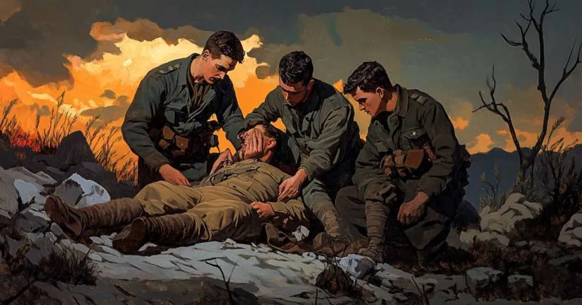 three soldiers tending to a wounded comrade on a rocky battlefield at sunset expressing compassion and brotherhood