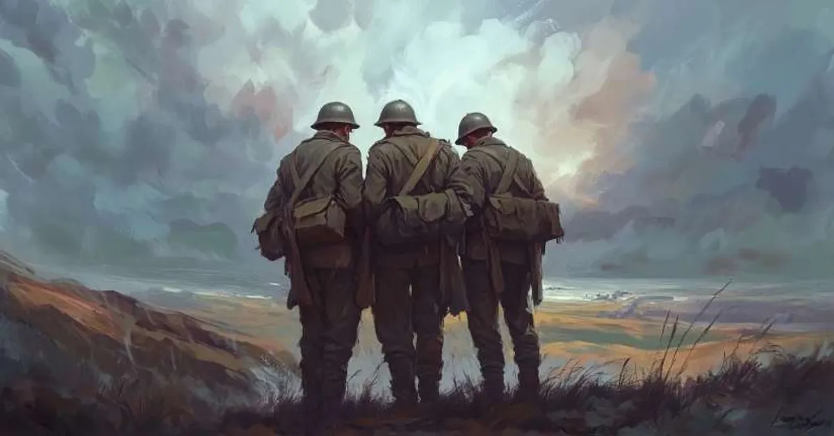 three soldiers standing close together on a hill overlooking the battlefield symbolizing unity and endurance near the war�s end