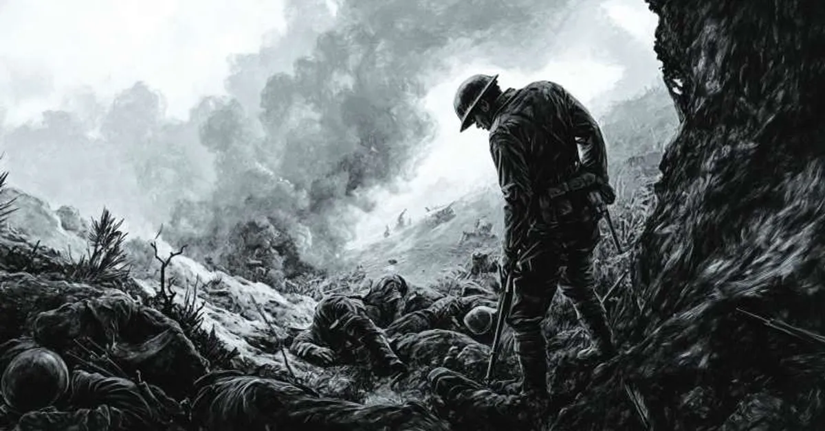 a lone soldier standing among fallen comrades under dark smoke filled skies representing the final loss and futility of war