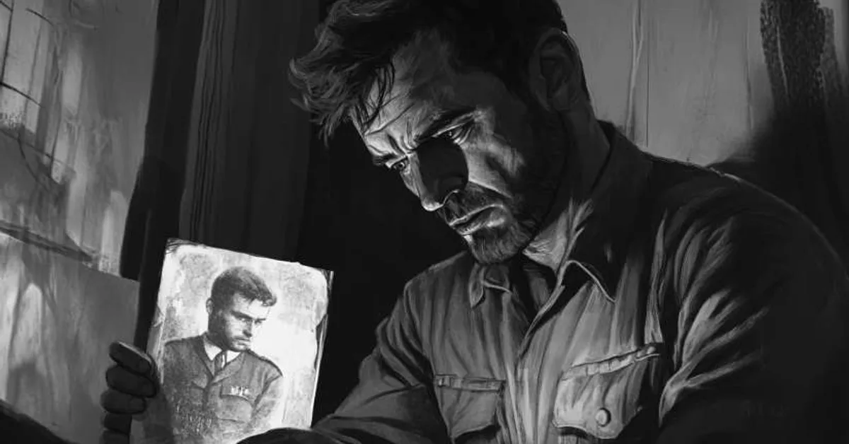 a weary man holding a photograph of a fallen comrade reflecting on loss and memory