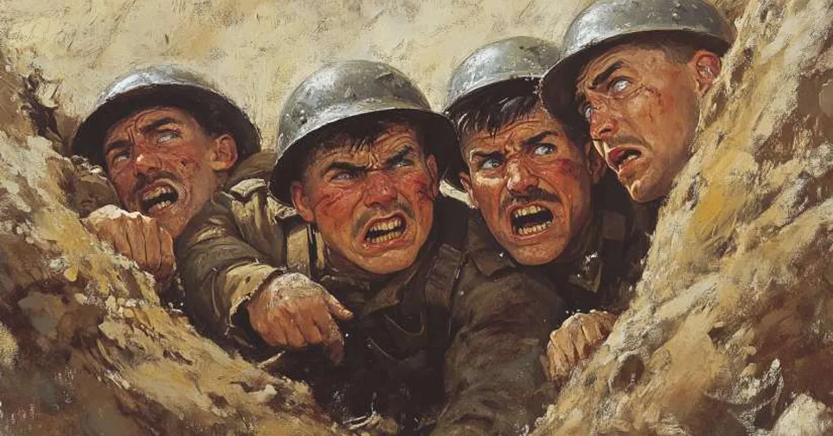 four soldiers pressed against the trench wall faces tense with fear and determination during battle