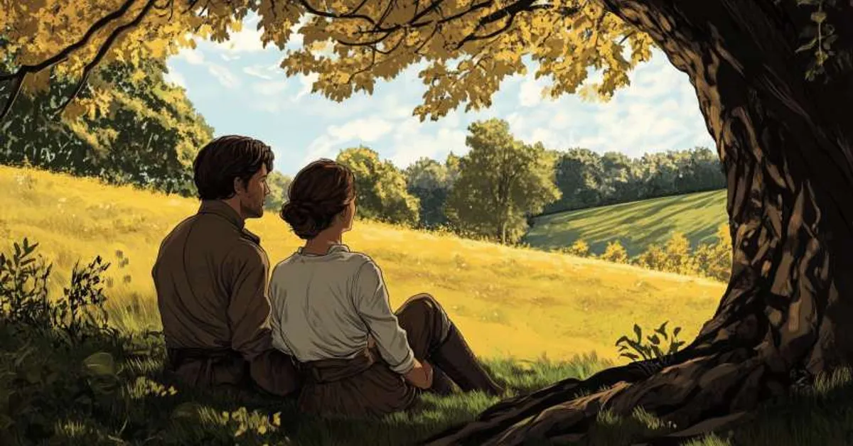 a young man and woman sitting beneath a tree overlooking a golden field representing a brief moment of peace away from war
