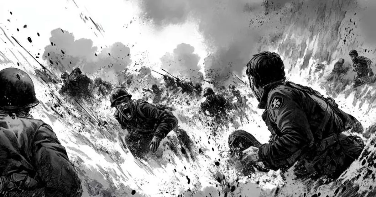 soldiers charging forward through smoke and chaos on the battlefield conveying desperation and courage