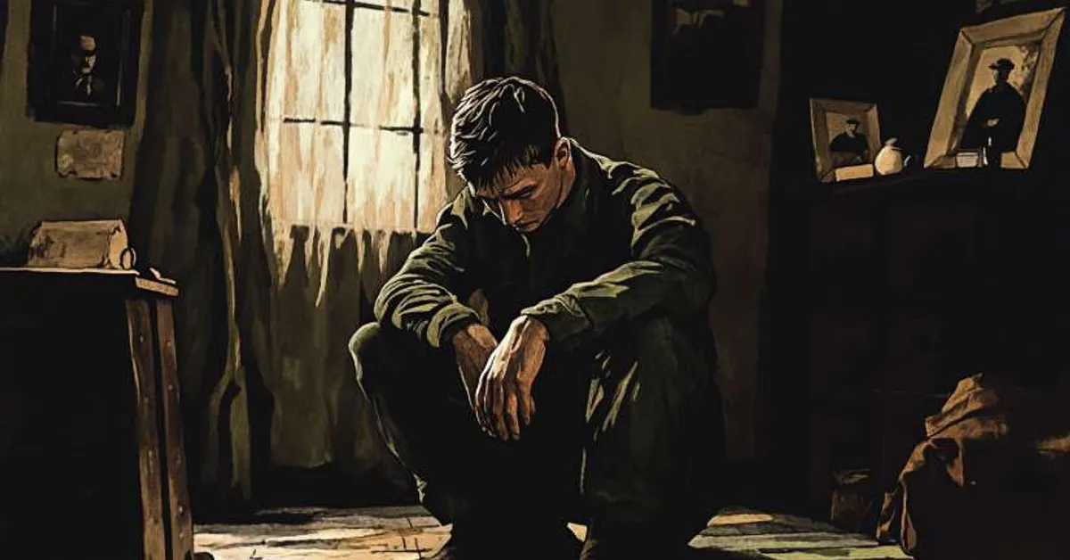 a soldier kneeling alone in a quiet room head bowed under the weight of grief and reflection
