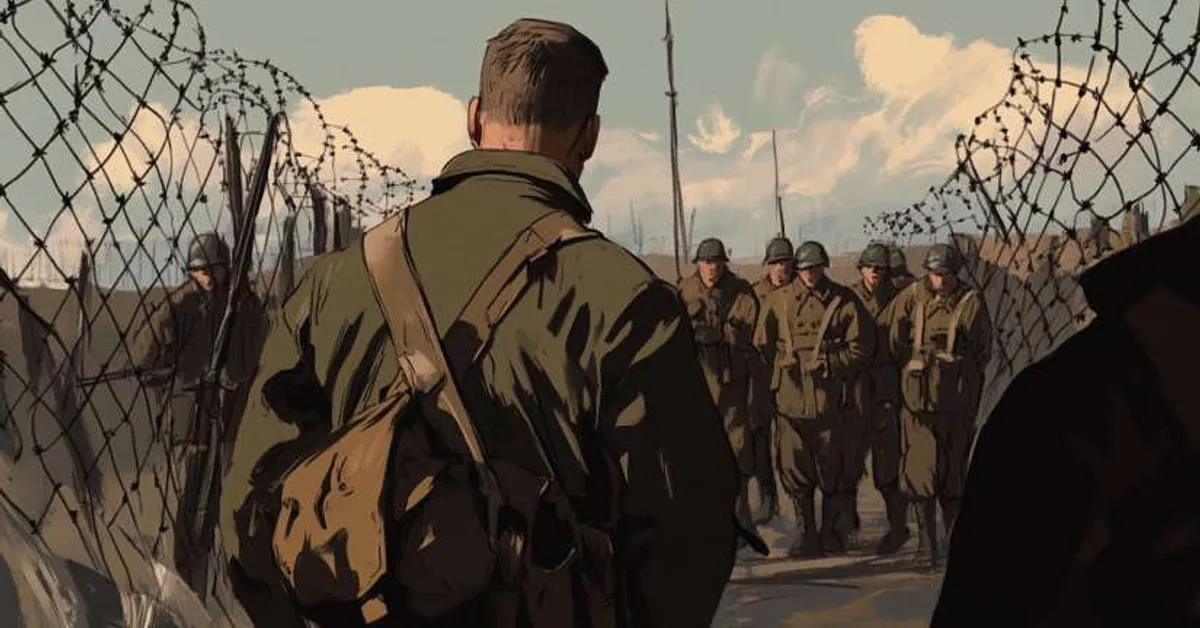 a soldier approaching a group of prisoners behind barbed wire under a pale sky symbolizing empathy and captivity