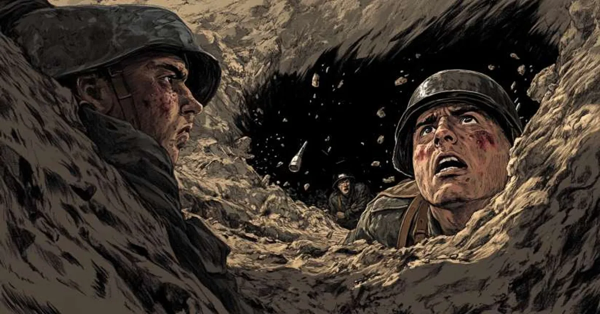 soldiers in a dirt trench looking upward as a grenade is thrown showing fear and survival instinct