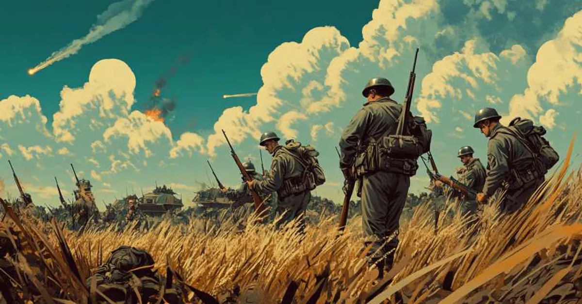 soldiers marching through tall grass under a fiery sky capturing key character connections and shared struggle