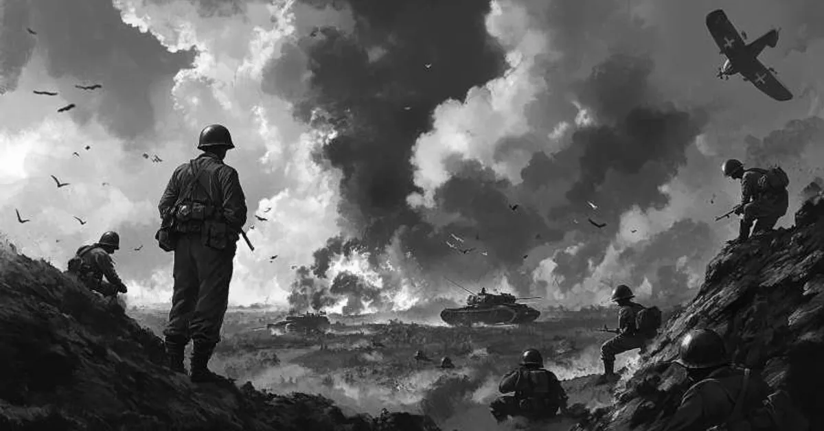 a wide battlefield view with tanks planes and soldiers moving under heavy clouds representing the full scope of the novel�s war themes