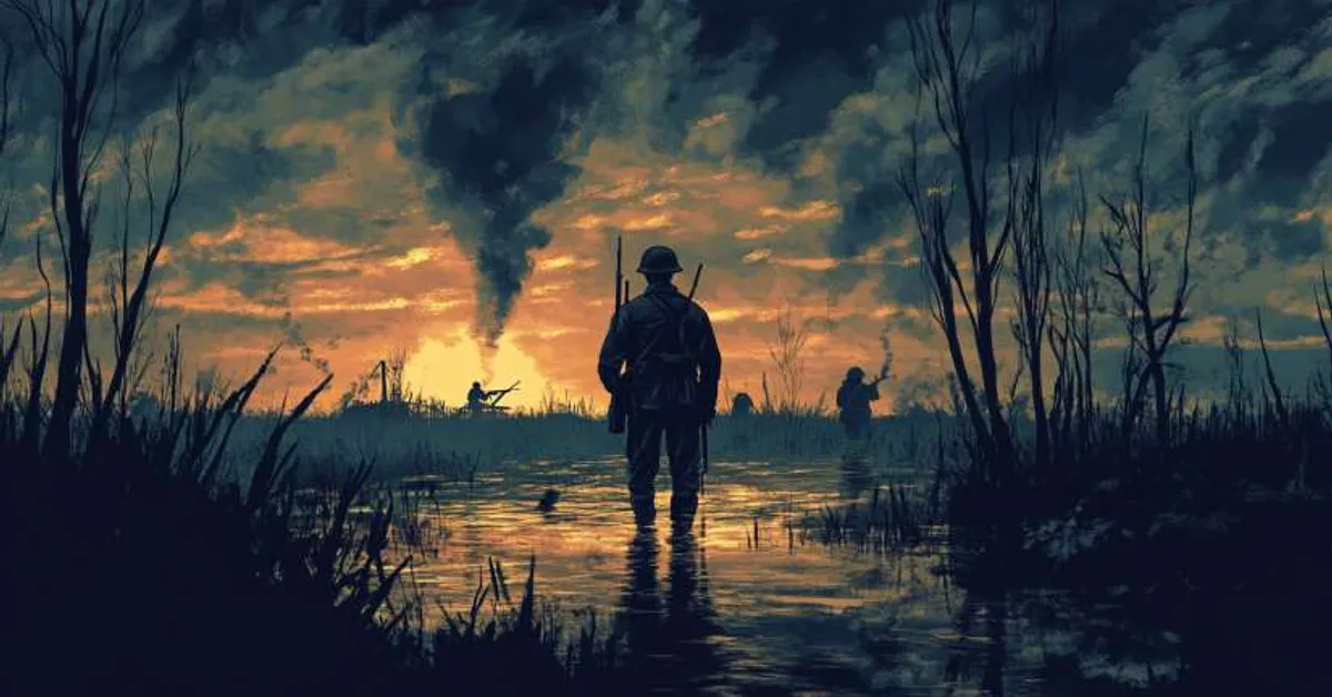 soldier walking through flooded ground at dusk with burning wreckage in the distance illustrating emotional weight of key quotes