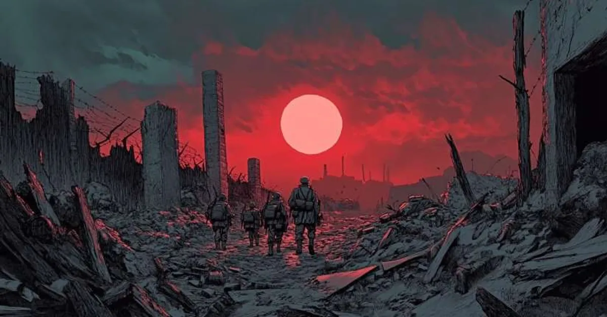 a group of soldiers moving through ruins beneath a red sun symbolizing vocabulary themes of destruction and desolation