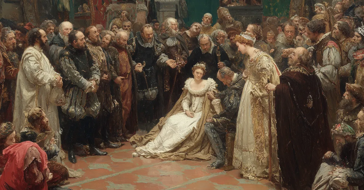 Helena presenting a remedy to the ailing King of France surrounded by courtiers to show the healing scene of Act 2 in Shakespeare Alls Well That Ends Well