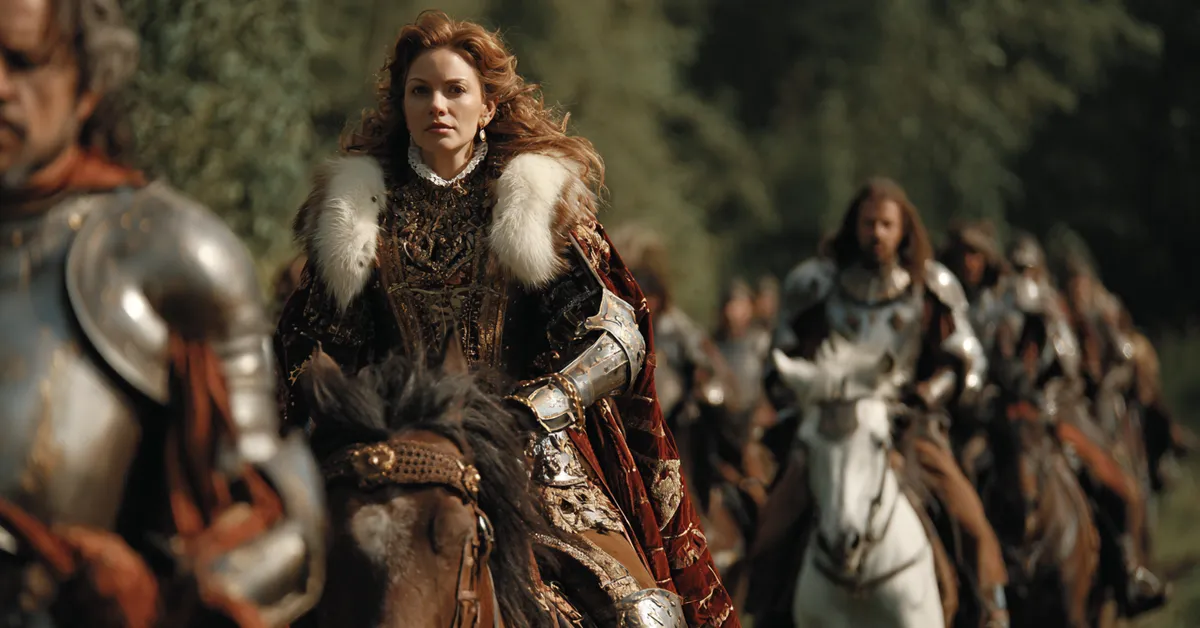 Bertram in armor riding with soldiers toward Florence while Helena begins her journey echoing the growing conflict of Act 3 in Shakespeare Alls Well That Ends Well