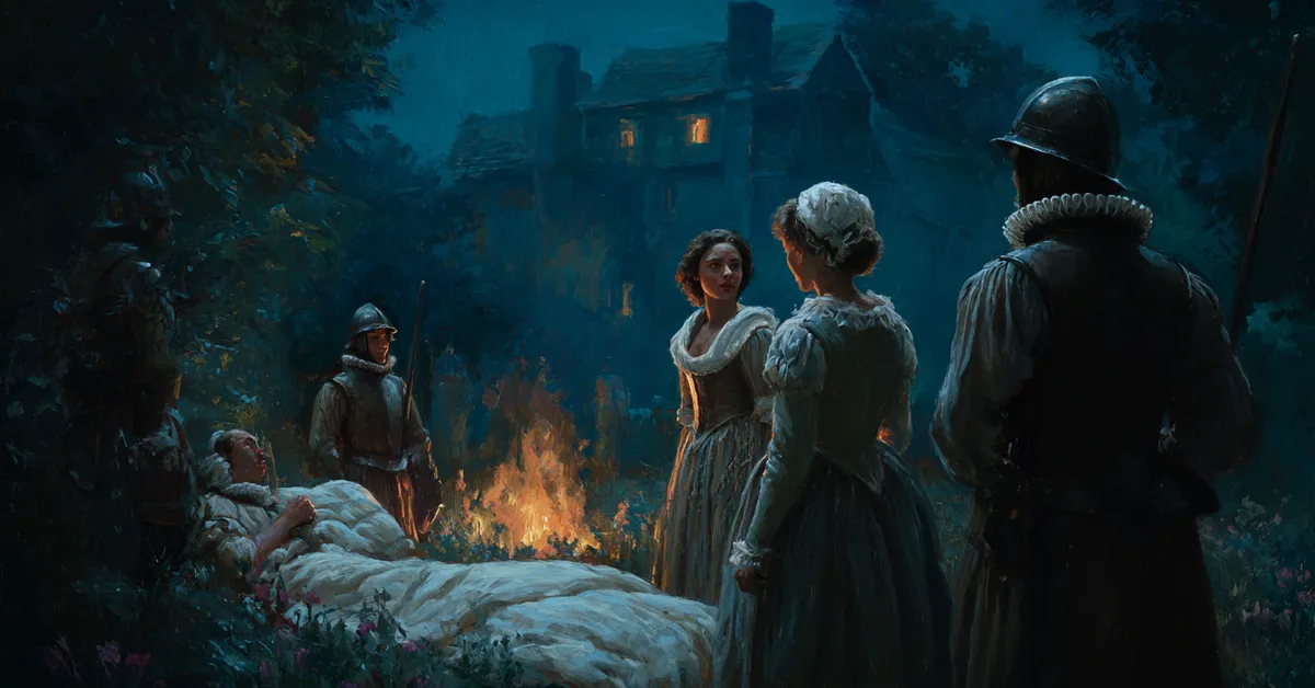 nighttime scene of Helena and Diana planning the bed trick with soldiers nearby hinting at Parolles capture from Act 4 of Shakespeare Alls Well That Ends Well