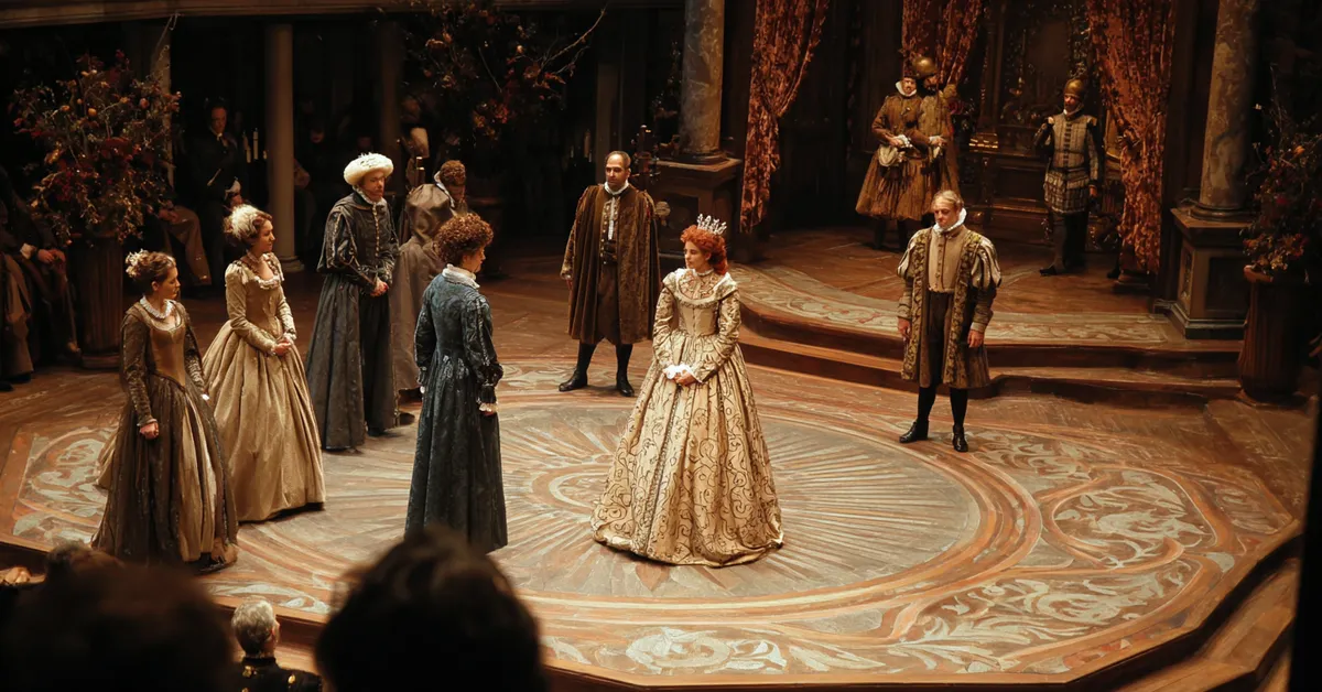 royal court in France with Helena revealing herself before the King and Bertram to resolve the ring mystery in Act 5 of Shakespeare Alls Well That Ends Well