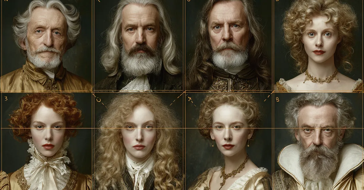 portrait grid of Helena Bertram the Countess Parolles and the King of France arranged for matching characters in Shakespeare Alls Well That Ends Well