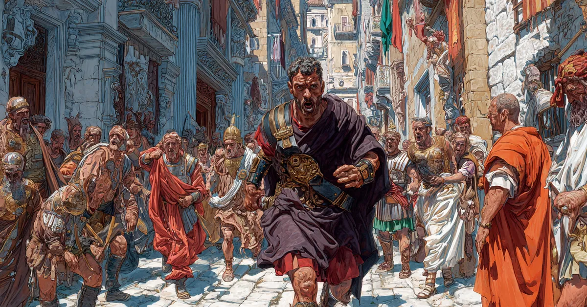 An angry mob surrounding a man in a narrow street illustrating the chaos in The Tragedy Of Julius Caesar Act 3 Scene 3