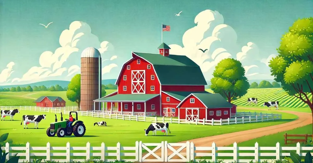 bright red barn and silo surrounded by cows and green pastures under a clear blue sky