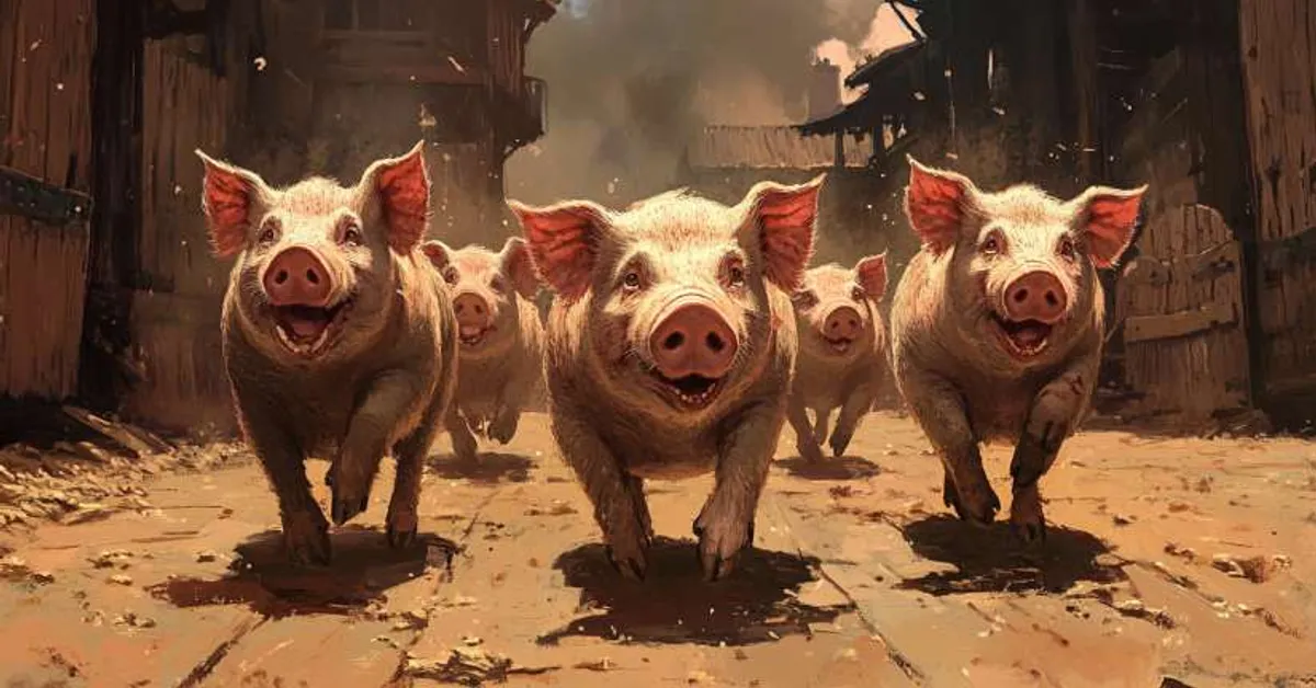 group of pigs running energetically down a dirt path between wooden barns