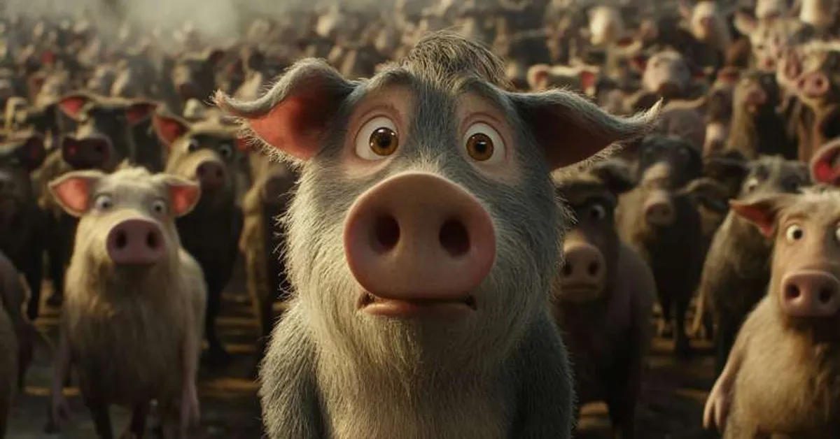 worried pig standing among a crowd of other pigs in a farmyard setting
