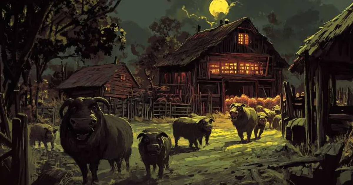 nighttime scene of pigs walking near a glowing barn under a full moon