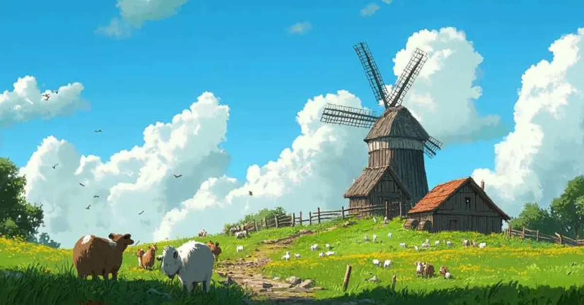 bright sunny meadow with sheep grazing near a wooden windmill on a hill