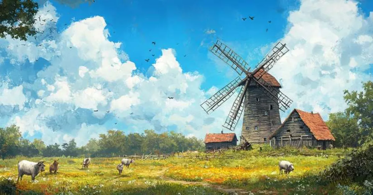 lush green pasture with windmill and animals grazing under blue sky and clouds