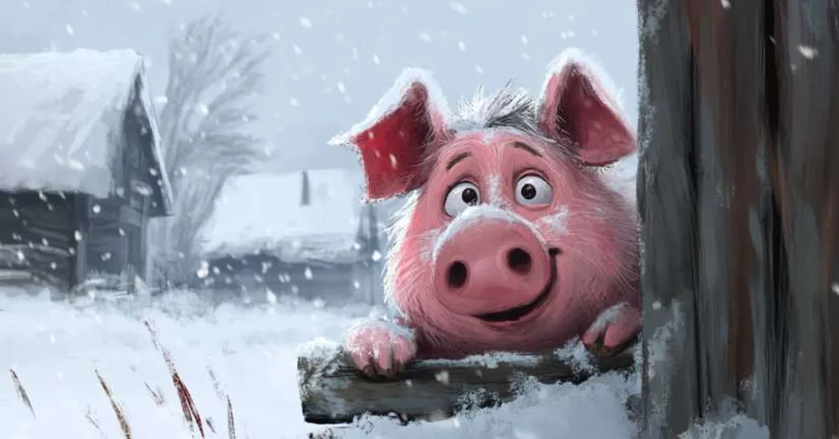 smiling pig peeking from behind a wooden fence during snowfall on the farm