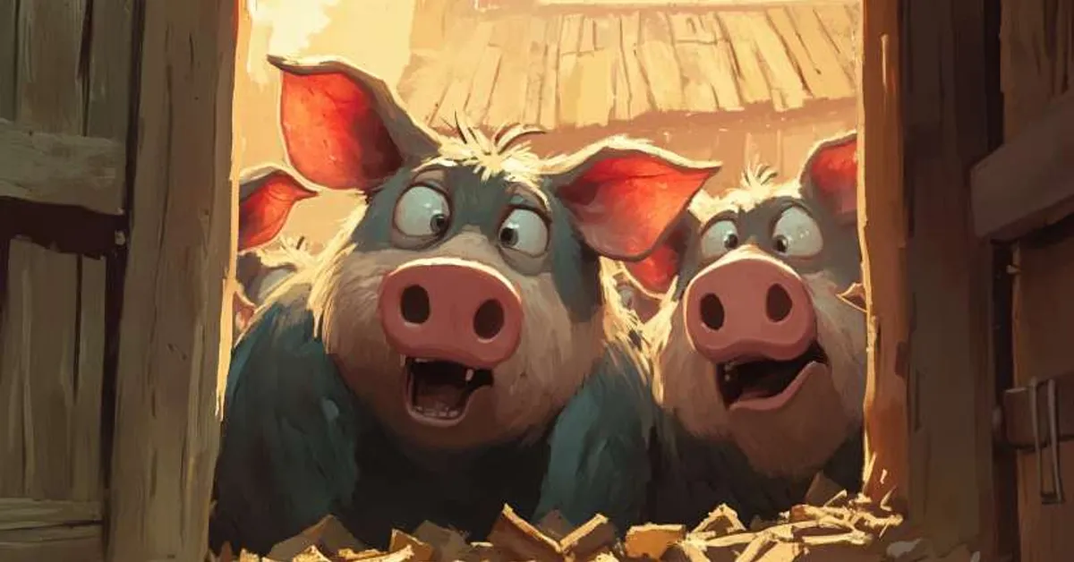two surprised pigs looking out from inside a dimly lit barn doorway