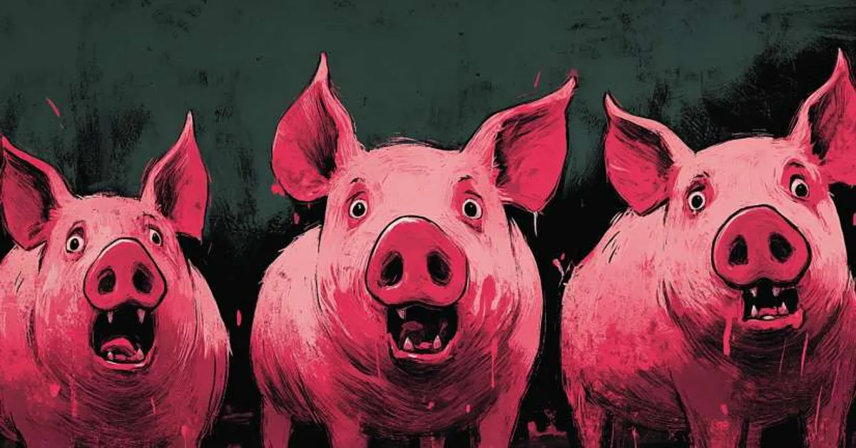 three expressive pigs side by side in dramatic lighting against dark background