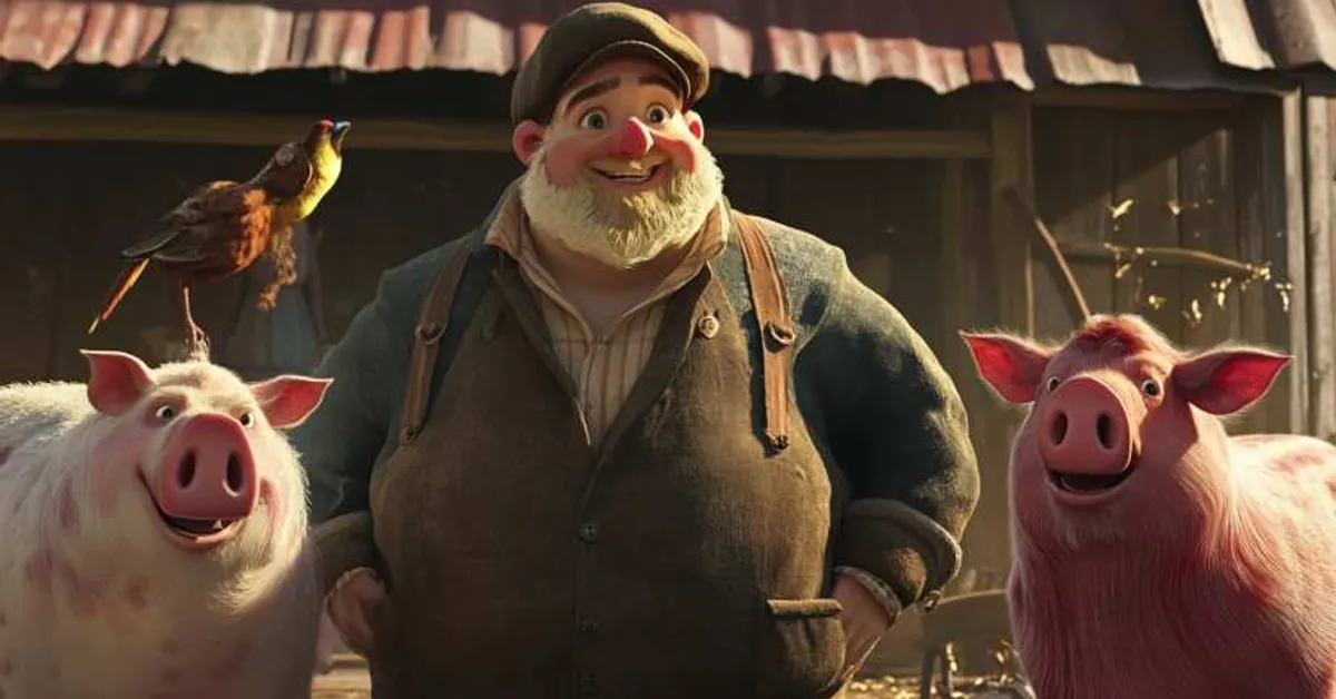 smiling farmer standing between two cheerful pigs with a bird perched on his shoulder