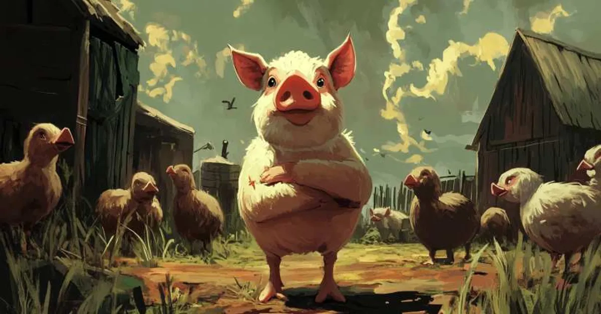 determined pig standing proudly in a barnyard surrounded by other animals