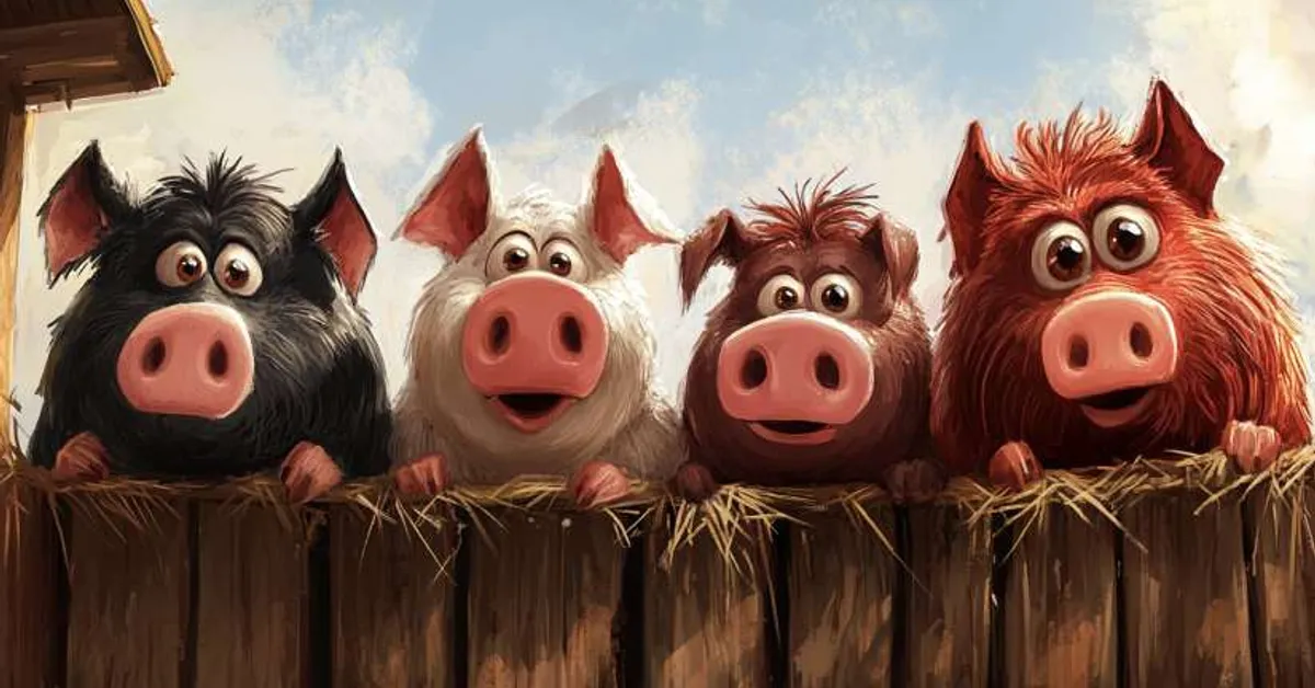 black and white illustration of a pig staring forward in a rustic farm setting