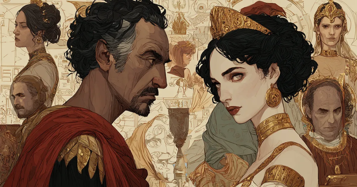 character chart displaying portraits of antony cleopatra caesar and supporting figures