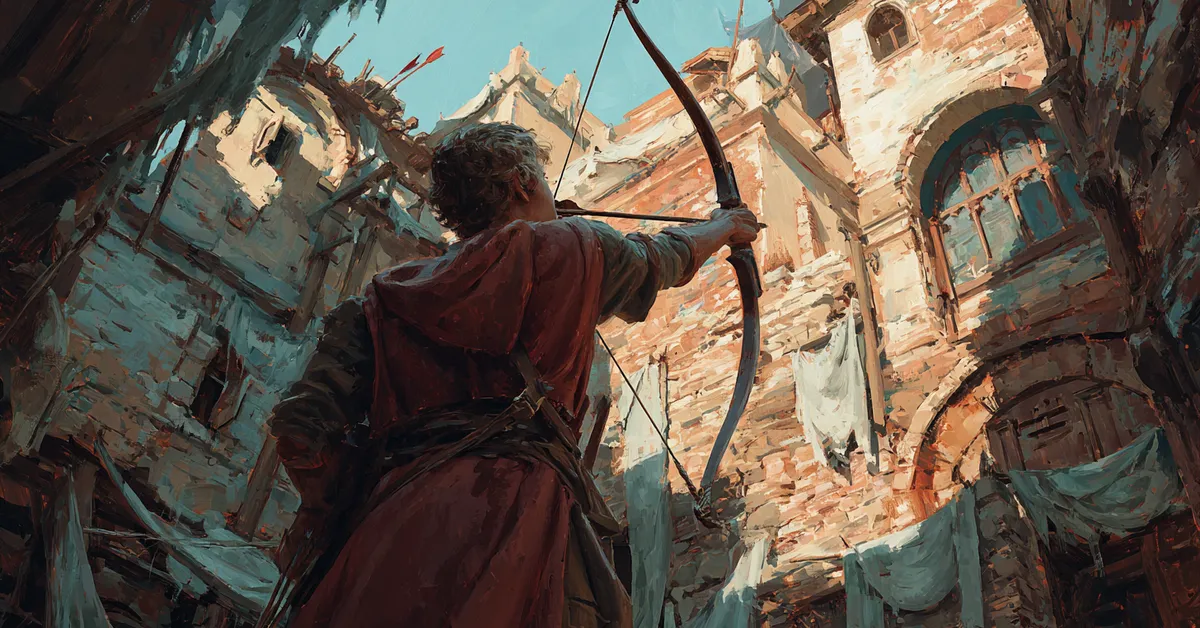 An archer aiming an arrow skyward from a courtyard indicating Titus Andronicus Act 4 Scene 3