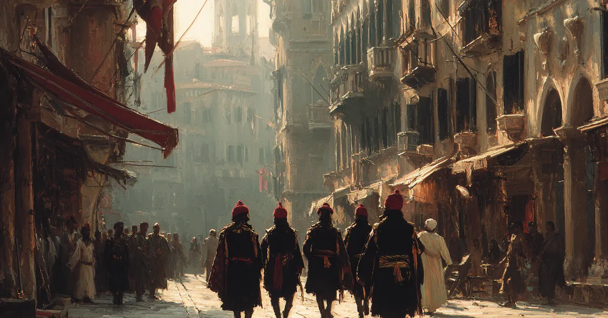 Armed guards moving through a Venetian street as dawn approaches illustrating Othello Act 1 Scene 2