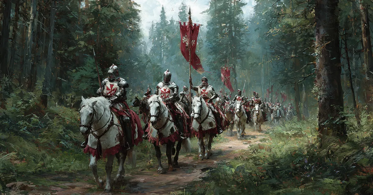 Armored riders moving along a forest road with banners raised reflecting the rising conflict in Henry IV Part 1 Act 4