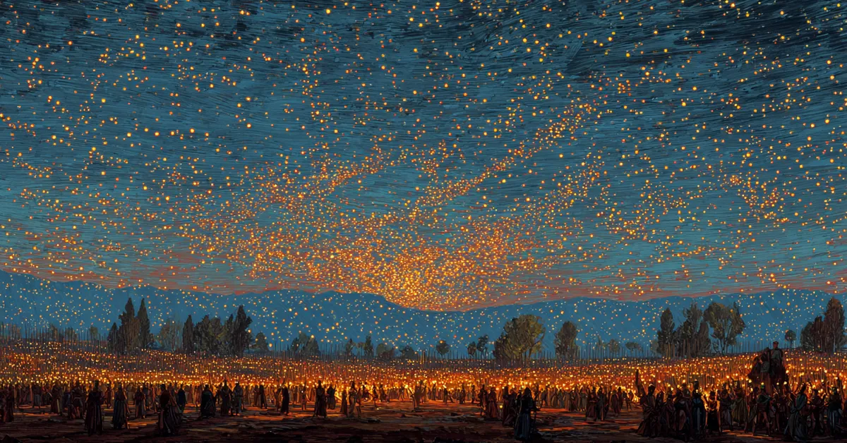 Army lines stretching across an open plain beneath starlight showing Troilus and Cressida Act 5 Scene 8