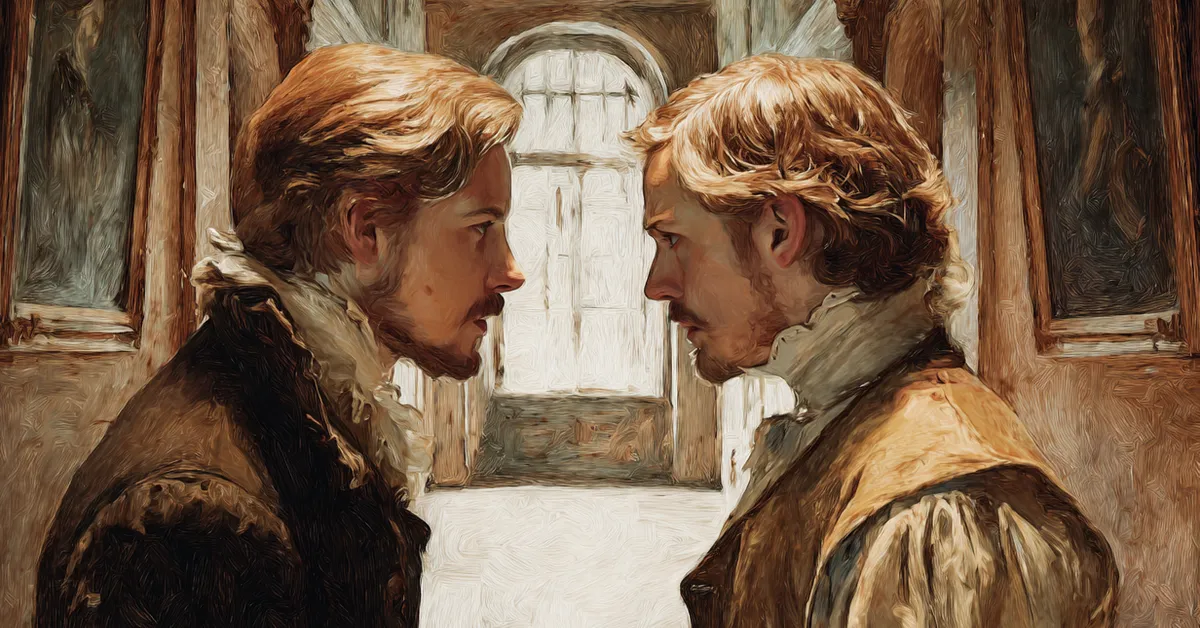 orlando and oliver facing each other in a tense court corridor setting for act 1