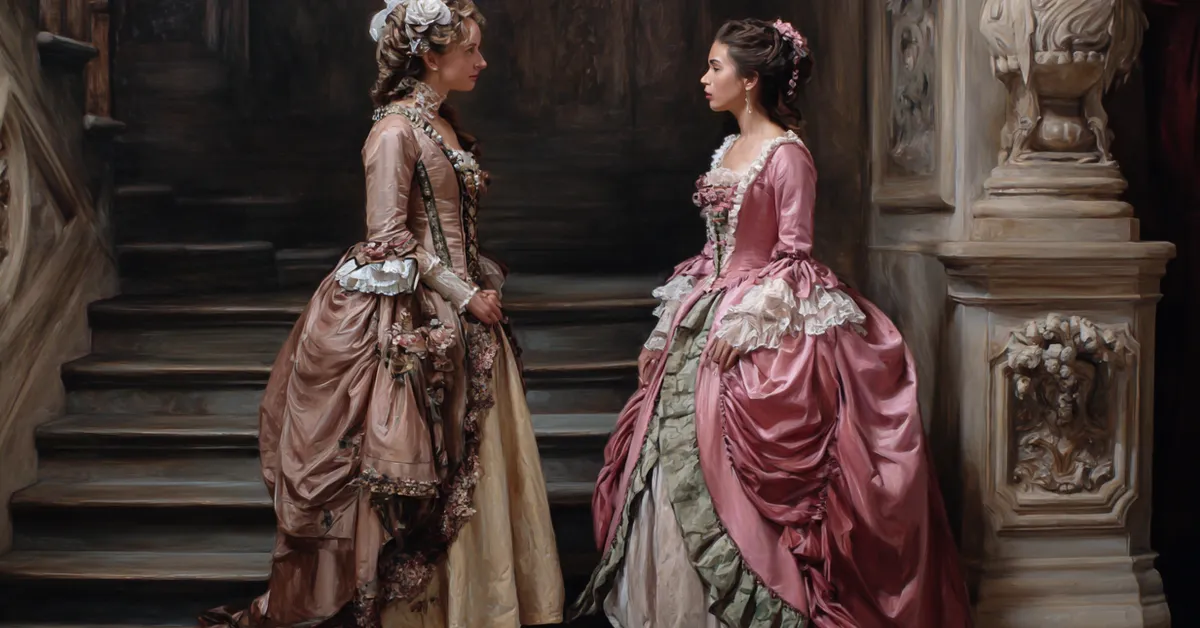 rosalind and celia speaking softly in a grand court hall for act 1 scene 2