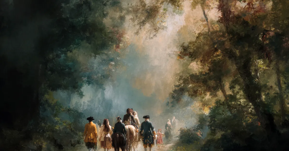 travelers entering the forest of arden with soft morning light for act 2