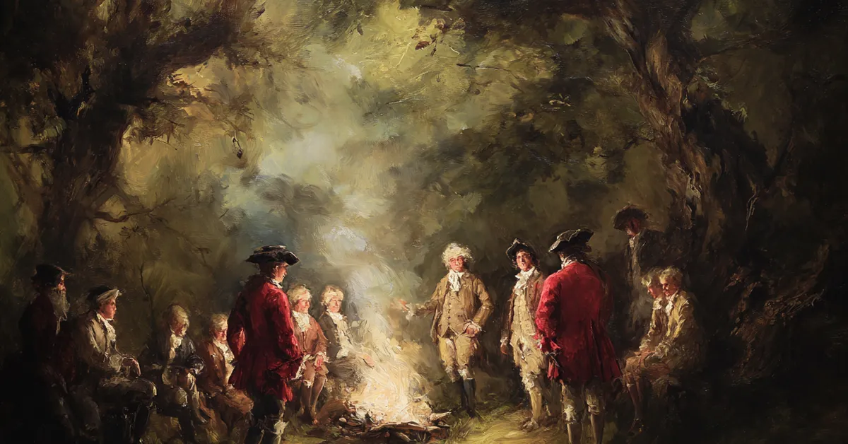 duke senior and loyal followers gathered around a fire deep in the forest for act 2 scene 1