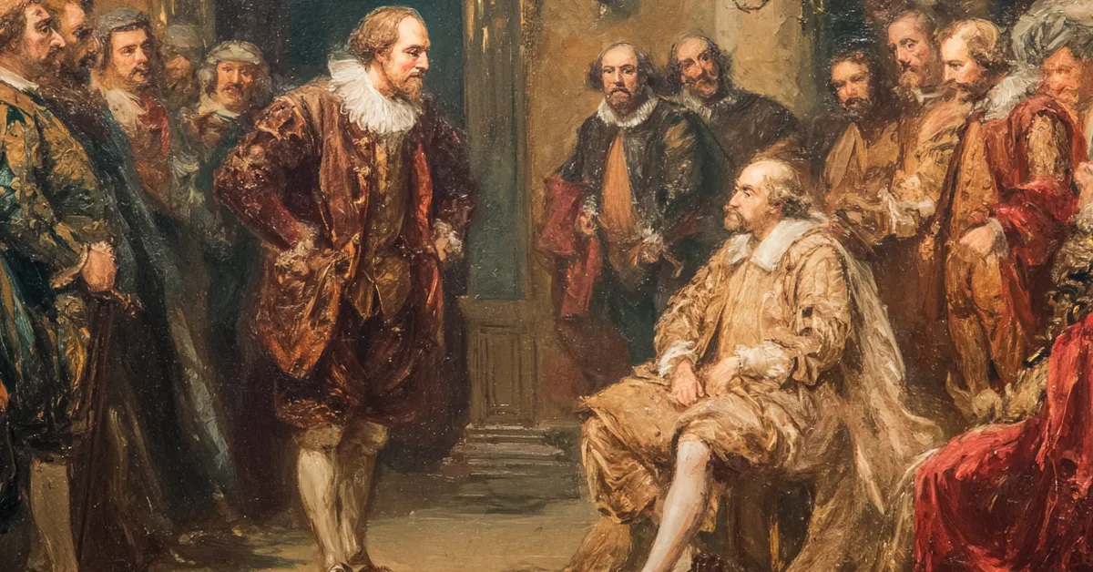 duke frederick questioning courtiers in a stern palace chamber for act 2 scene 2