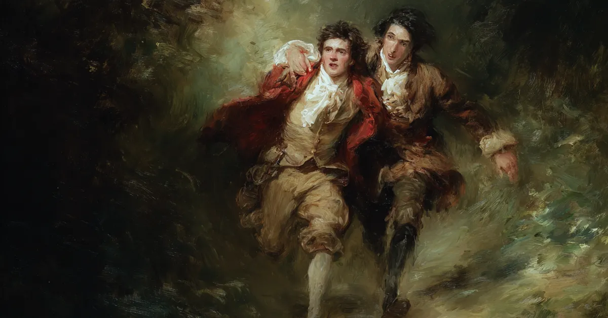 orlando supporting a tired adam as they hurry through the forest for act 2 scene 3