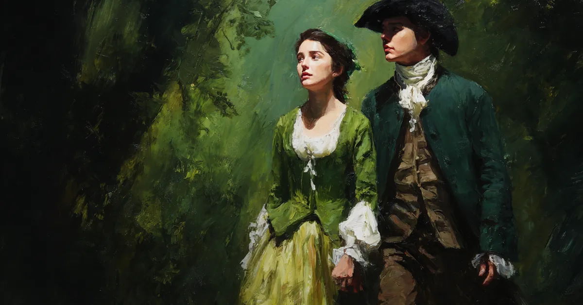 rosalind celia and touchstone traveling through dense forest greenery for act 2 scene 4