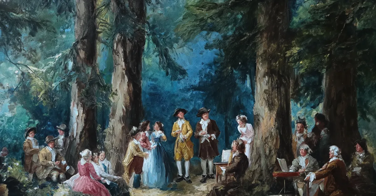 amiens singing under tall trees with musicians nearby for act 2 scene 5