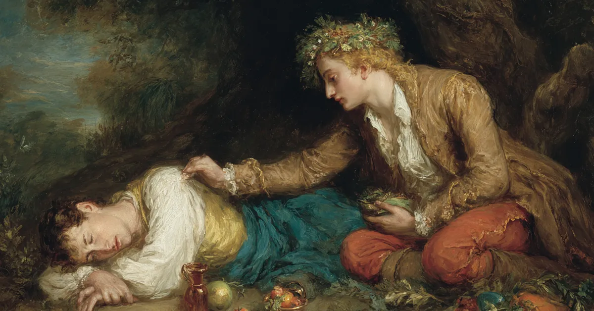 orlando offering food to an exhausted adam in a shaded forest spot for act 2 scene 6