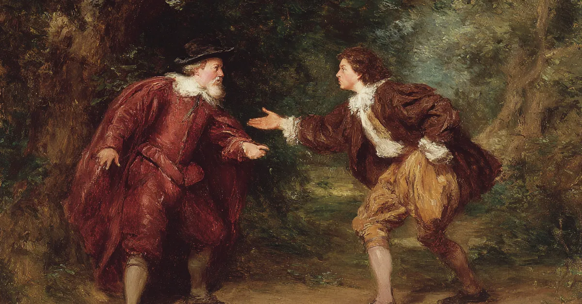 duke frederick confronting a courtier with sharp gestures in act 3 scene 1