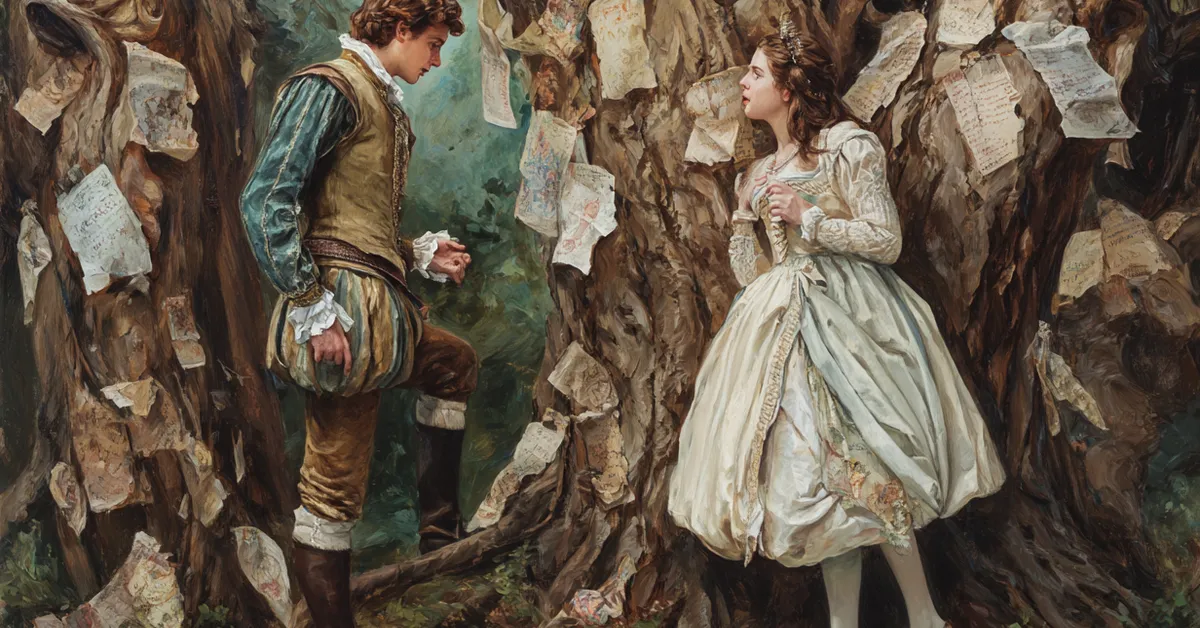 rosalind and orlando meeting among carved love poems hung on trees for act 3 scene 2