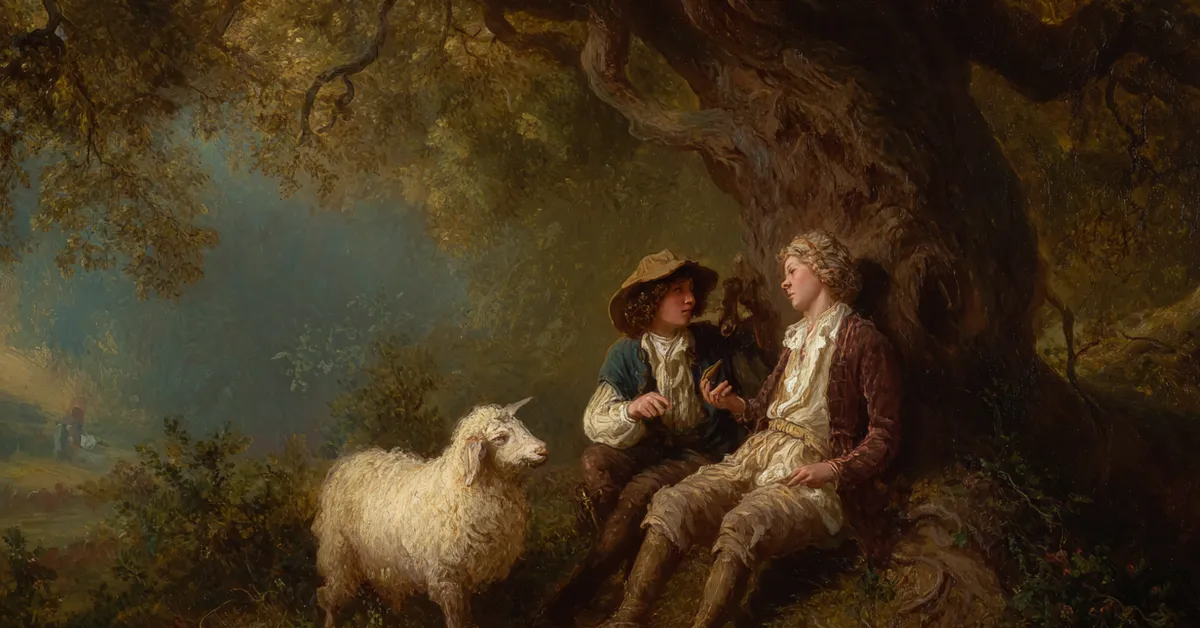 touchstone joking with a shepherd under a rustic tree for act 3 scene 3